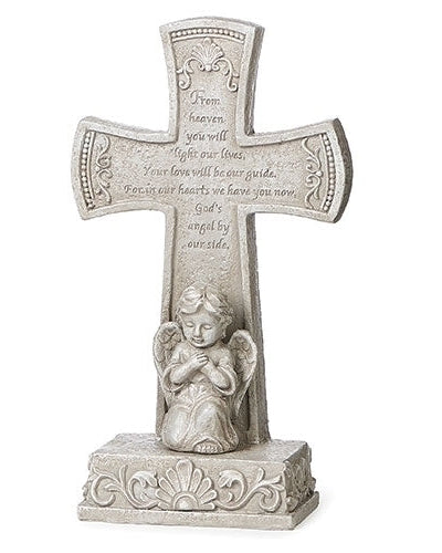 A gray Cherub Memorial Table Cross made of resin, featuring an inscription and a cherub figure at its base, standing on a plain background.