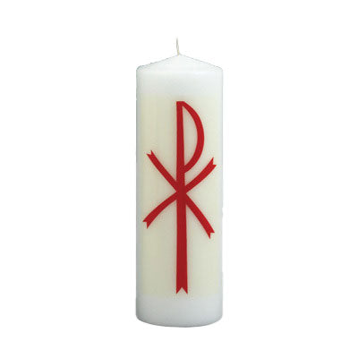 White candle with red Chi Rho symbol on a white background
