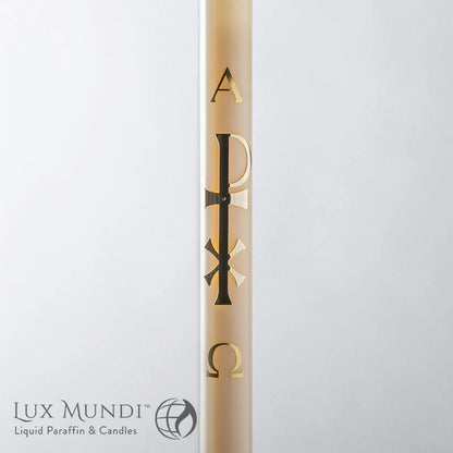 Candle with symbols and 'Lux Mundi' branding on a white background