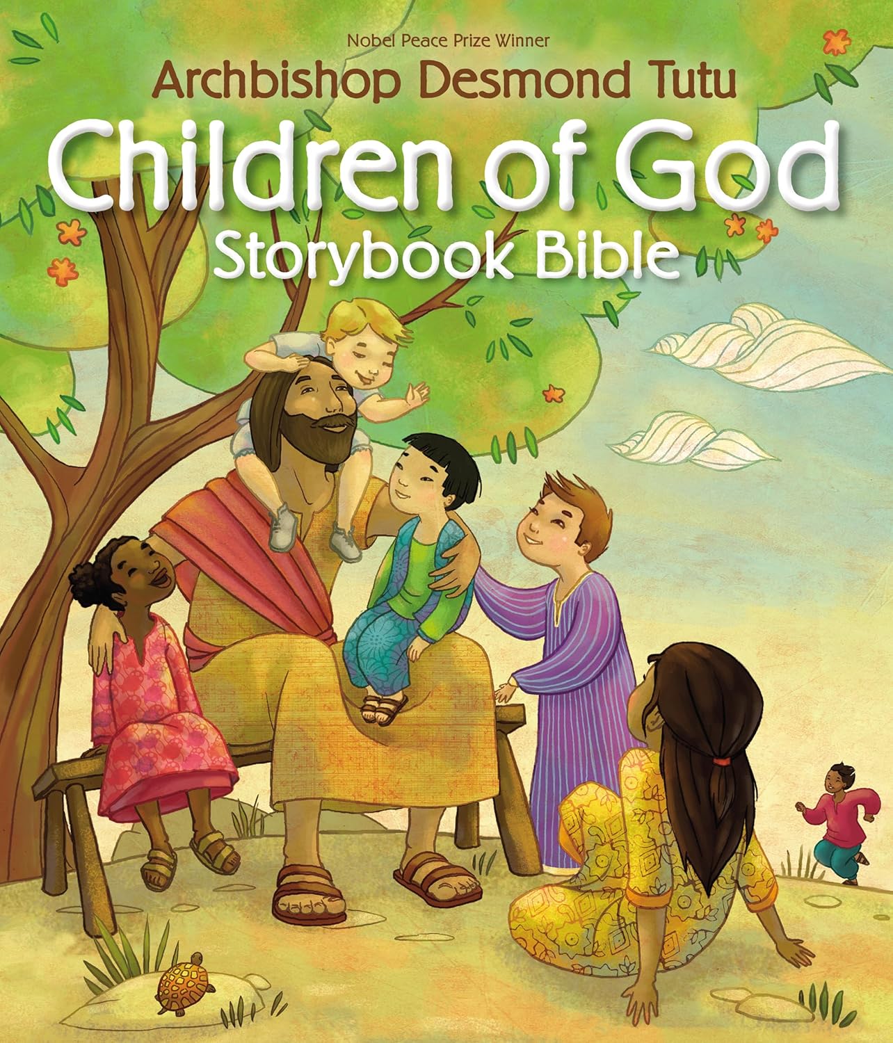 Children's book titled 'Children of God Storybook Bible' with a colorful illustration of a man sitting with children under a tree.