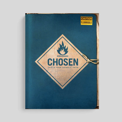Book titled 'Chosen' with a flammable warning label on a gray background