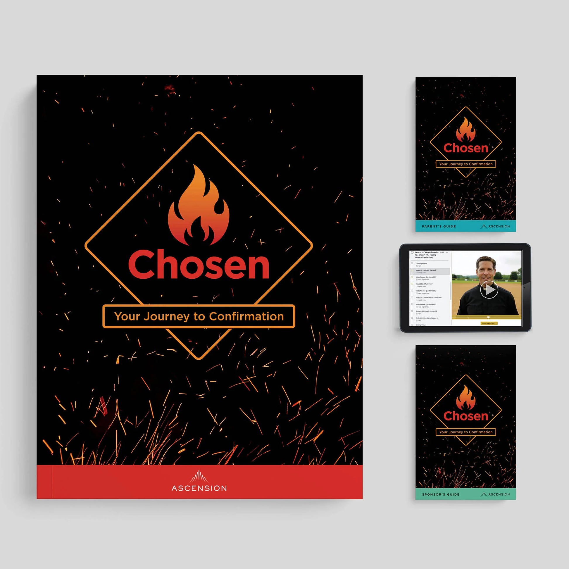 Promotional materials for 'Chosen: Your Journey to Confirmation' by Ascension on a gray background.