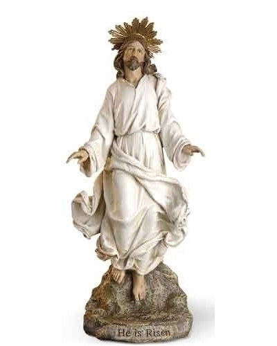 Statue of a robed figure with a halo on a white background