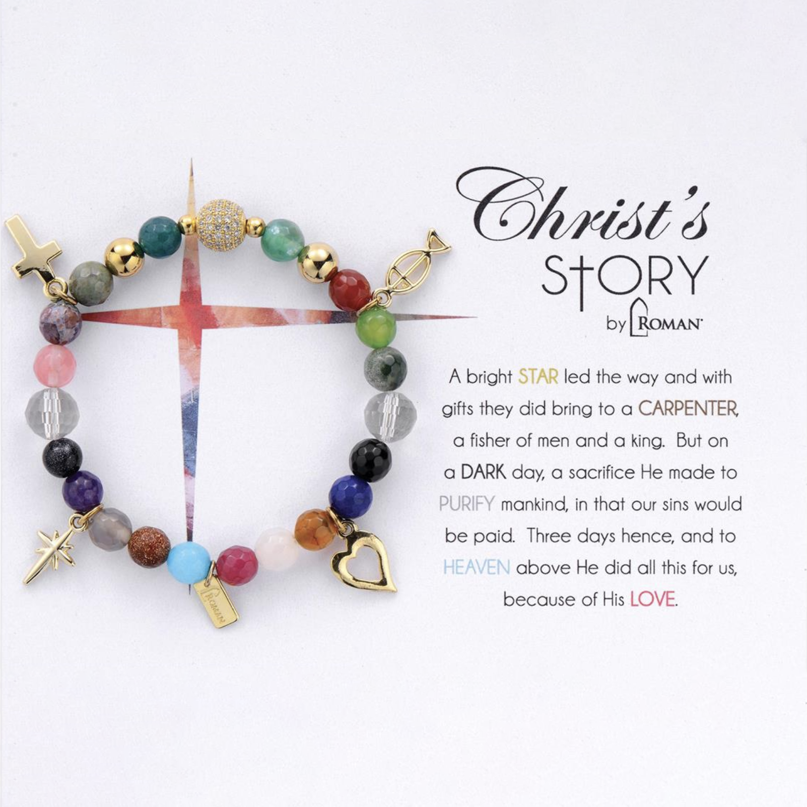 Colorful beaded bracelet with religious symbols on a white background with text about Christ's story.