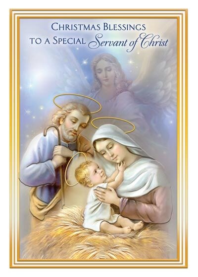 Nativity scene with angel and text 'Christmas Blessings to a Special Servant of Christ' on a white background.