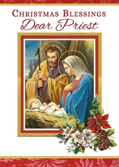Christmas card with religious illustration of Mary, Joseph, and baby Jesus, surrounded by poinsettias and flowers.