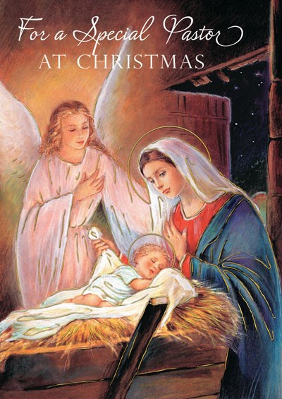 Nativity scene with angel and Virgin Mary holding baby Jesus, text 'For a Special Pastor at Christmas'.