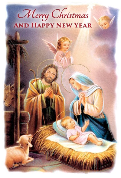Nativity scene with Mary, Joseph, and baby Jesus, surrounded by angels and animals, with 'Merry Christmas and Happy New Year' text.