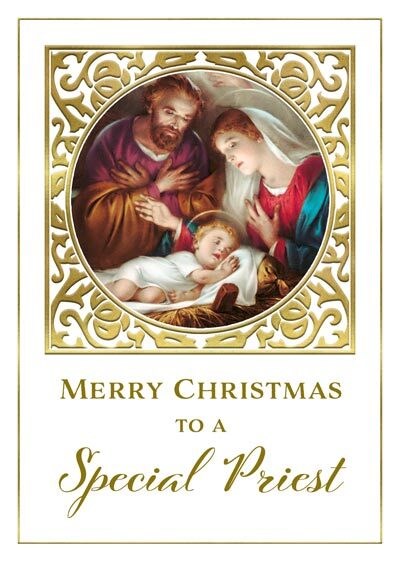 Christmas card with depiction of the Holy Family and text 'Merry Christmas to a Special Priest' on a decorative border.