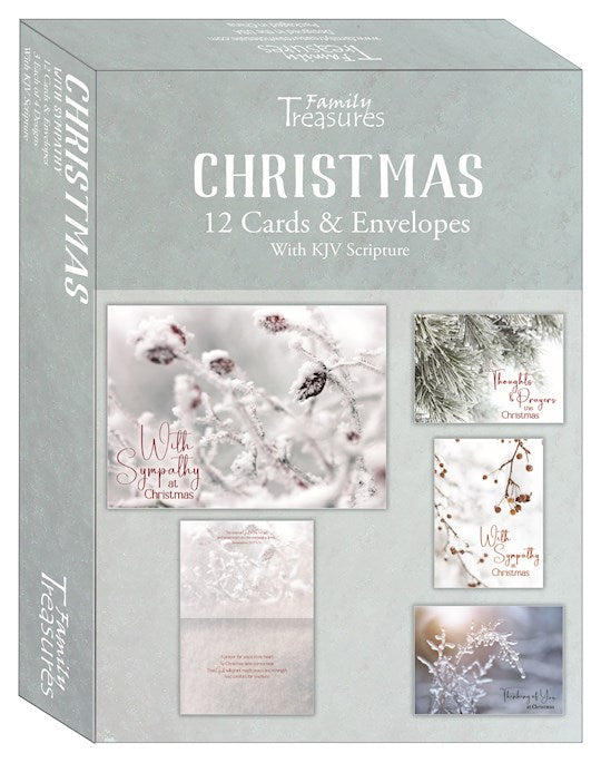 Box of Christmas cards with envelopes featuring KJV Scripture, displayed on a light gray background.