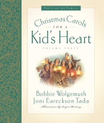 Cover of 'Christmas Carols for a Kid's Heart' featuring illustrations of children and Christmas decorations, with the authors' names at the top.