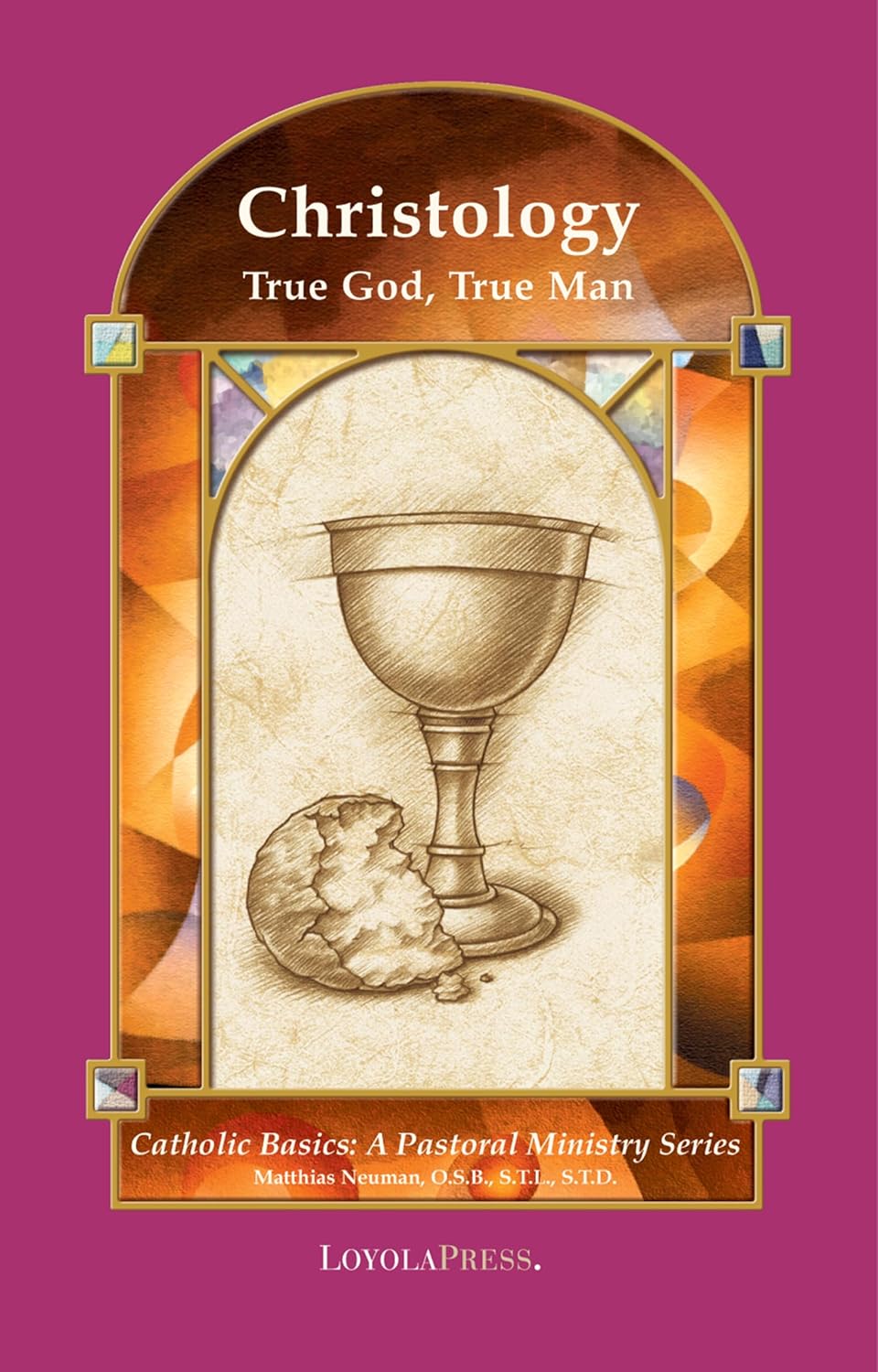 Book cover of 'Christology: True God, True Man' with a chalice and host illustration on a purple background.
