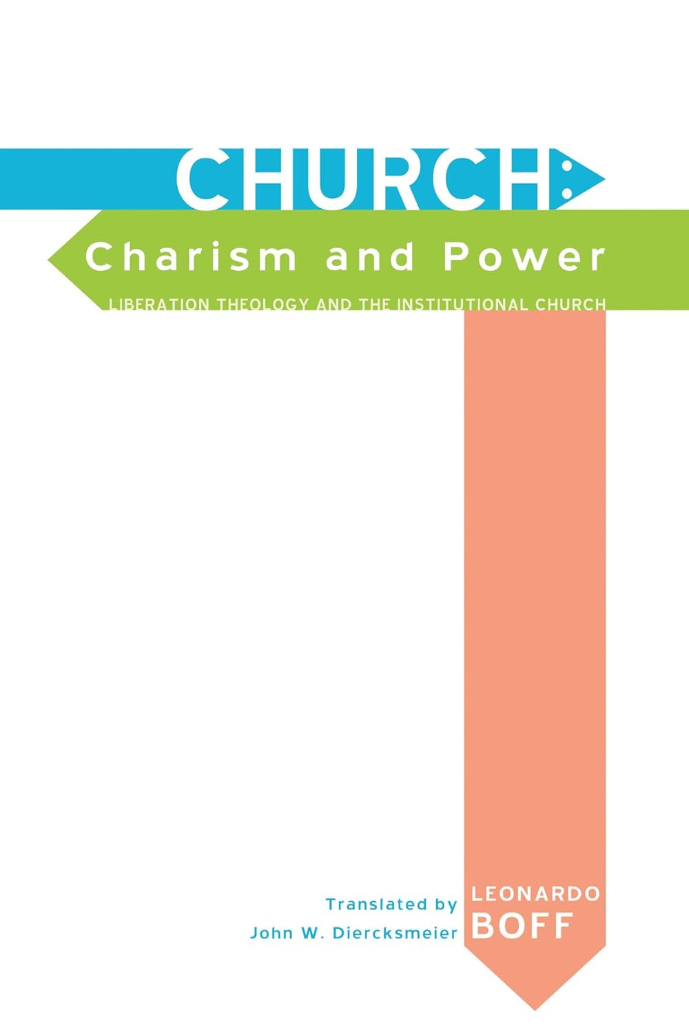 Book cover of 'Church: Charism and Power' with a blue and green arrow and peach color on a white background.