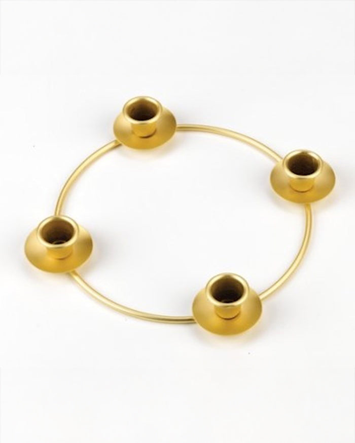 Minimalist Gold Advent Wreath with four candle holders on a white background