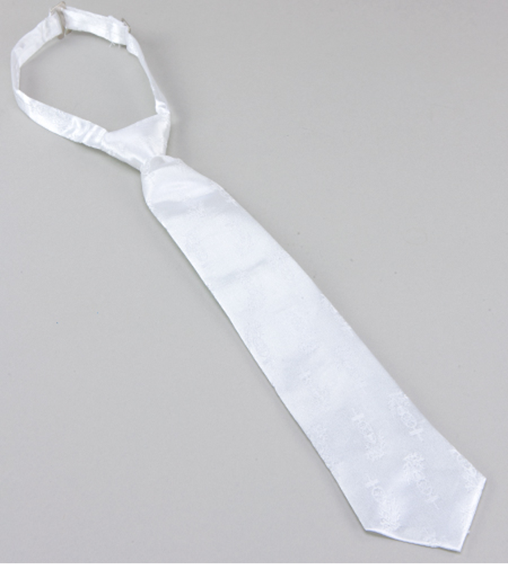 A white necktie with a solid pattern, likely made of silk or a silk-like fabric.