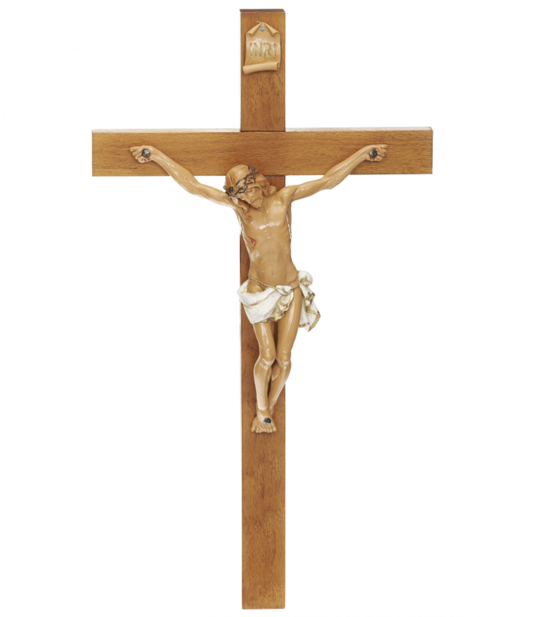 A wooden crucifix featuring a detailed resin figure of Jesus Christ with a white draped cloth, mounted on a vertical wooden cross with an INRI plaque at the top, isolated on a white background.