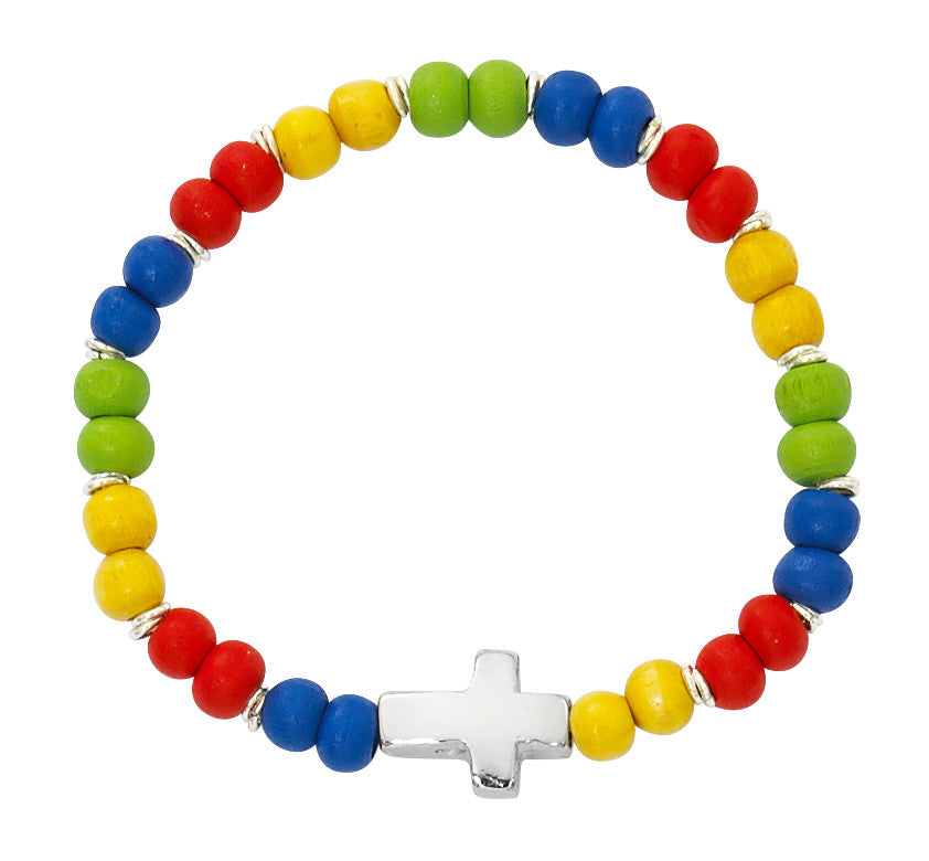 Colorful beaded bracelet with a silver cross charm on a white background