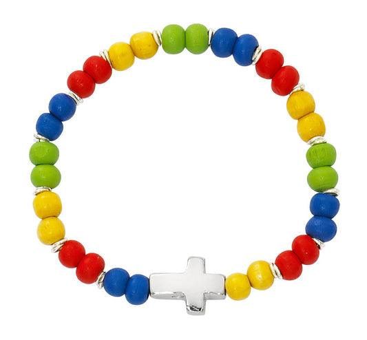 Colorful beaded bracelet with a silver cross charm on a white background