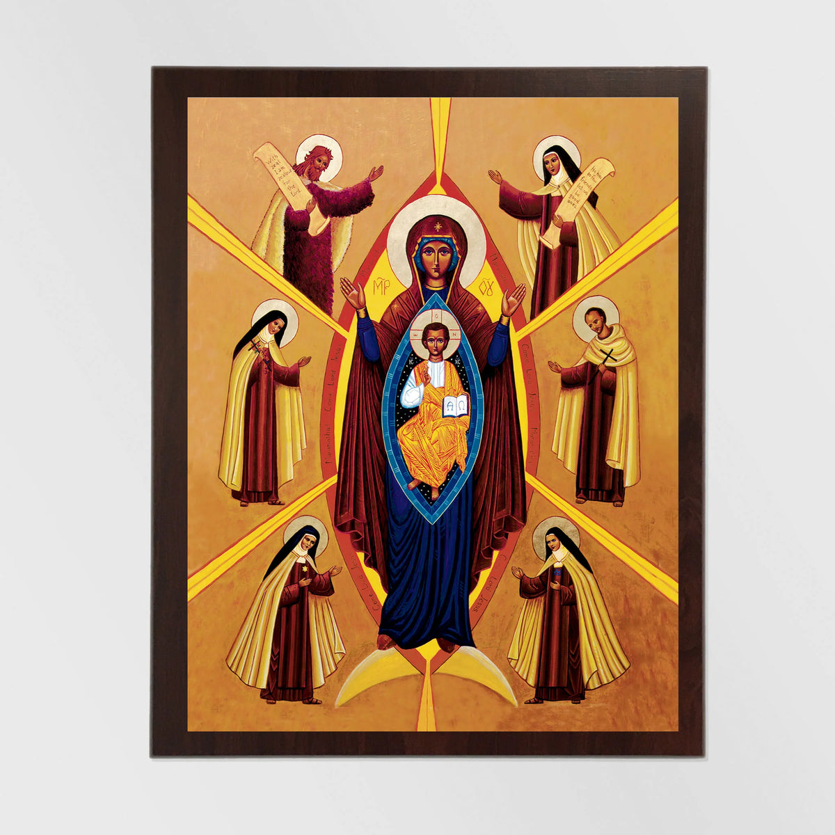 A framed religious icon painting featuring the Virgin Mary holding the infant Jesus, surrounded by seven female saints on a warm gold background, shown against a light gray wall.