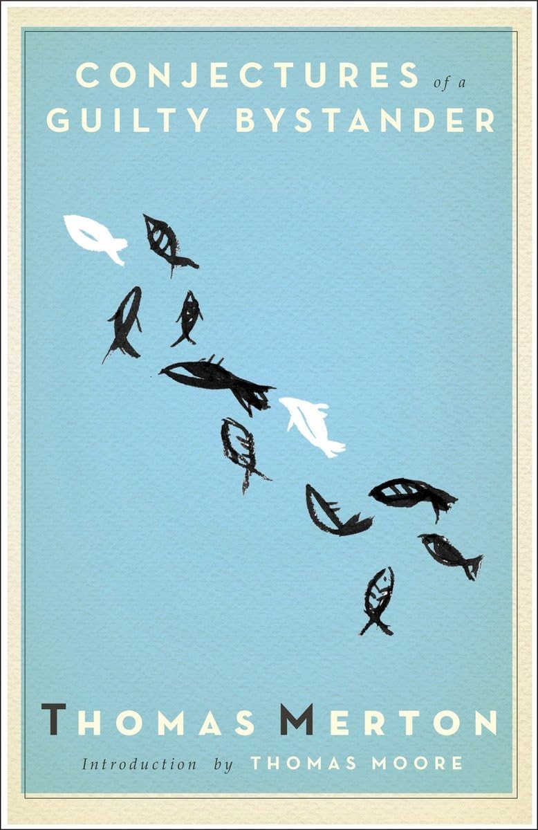 Book cover of 'Conjectures of a Guilty Bystander' by Thomas Merton with fish illustrations on a light blue background.