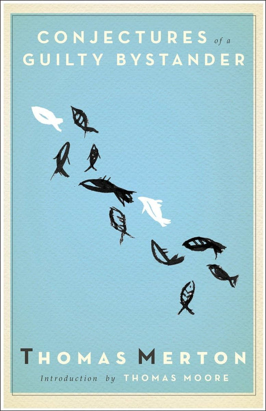 Book cover of 'Conjectures of a Guilty Bystander' by Thomas Merton with fish illustrations on a light blue background.