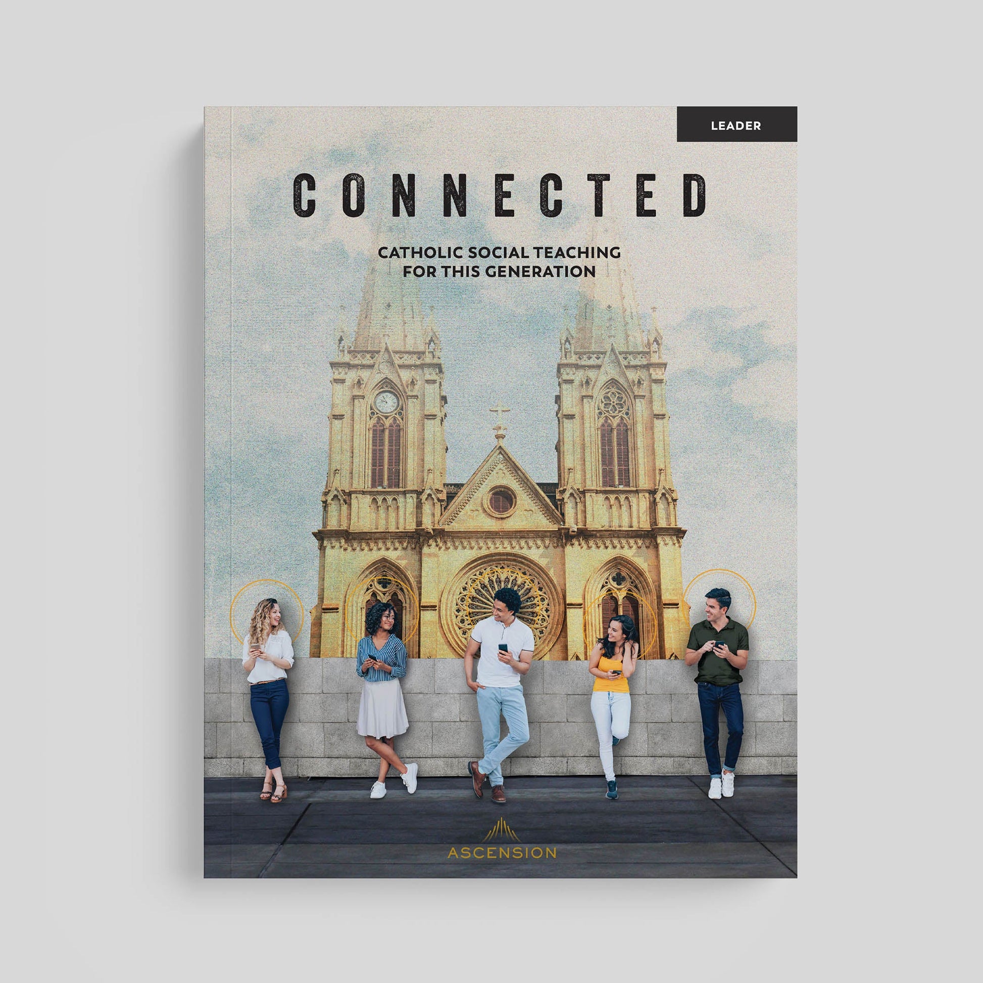 Book cover titled 'Connected' with people standing in front of a cathedral on a gray background