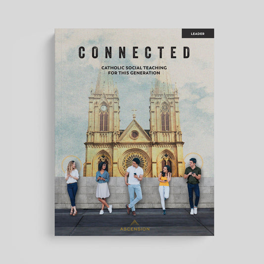 Book cover titled 'Connected' with people standing in front of a cathedral on a gray background