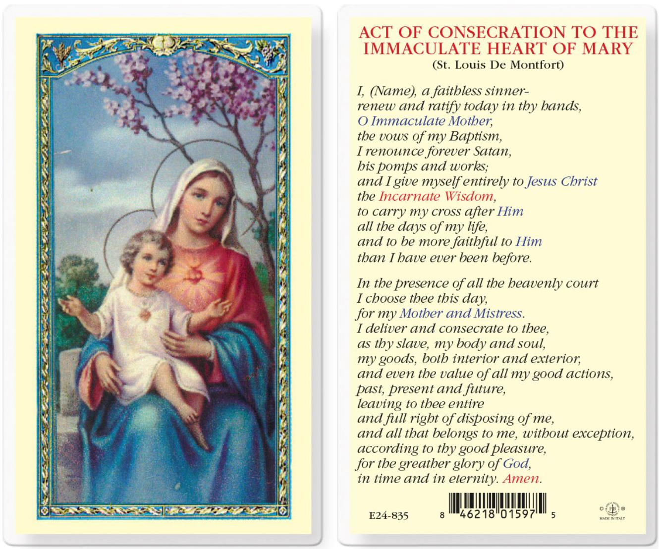 Prayer card with image of Virgin Mary holding child and text on back