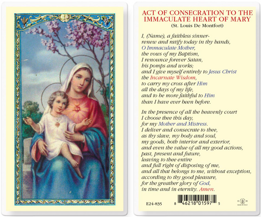 Prayer card with image of Virgin Mary holding child and text on back