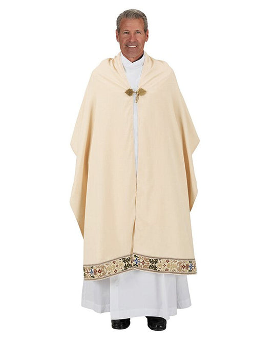 A humeral veil with a luxurious brocade tapestry banding, worn by a figure with a visible face. The veil is light beige in color and has a decorative element around the neck area.