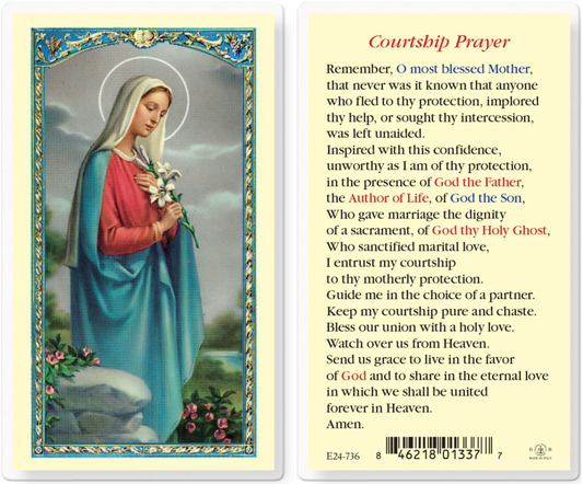 Prayer card with an illustration of a woman holding flowers and text on a white background