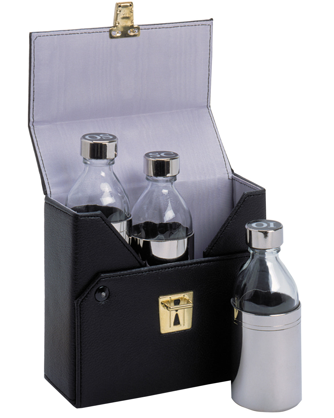 Set of three silver bottles with black liquid in a black leather case with gold clasps on a white background.