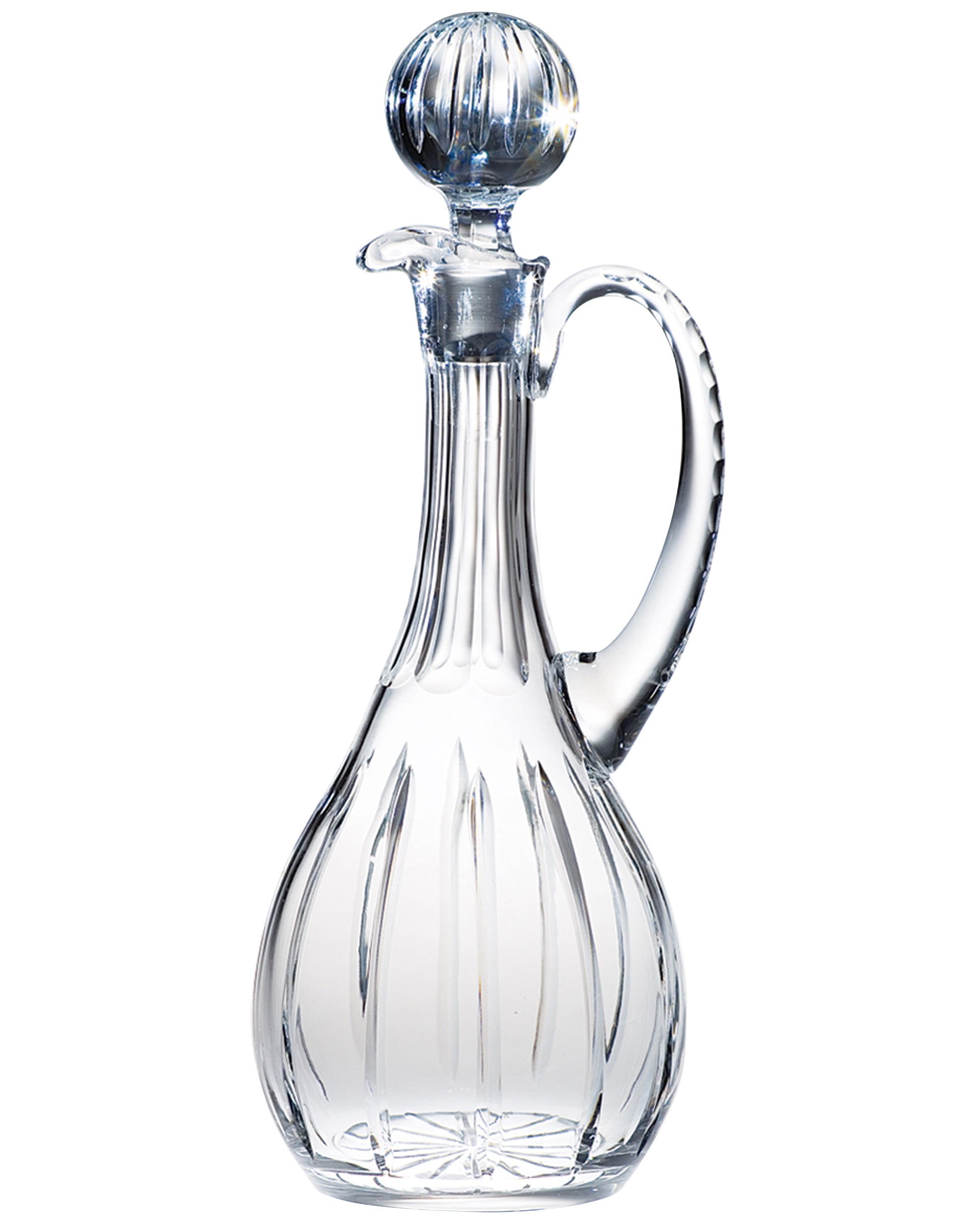 Clear glass decanter with a spherical stopper on a white background