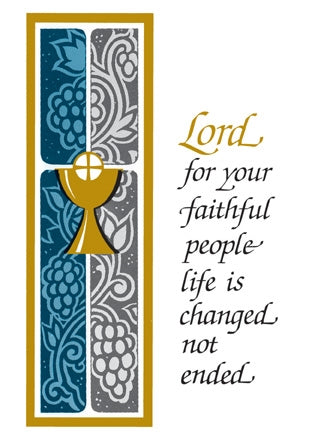 Decorative card with a chalice, grapes, and text on a white background