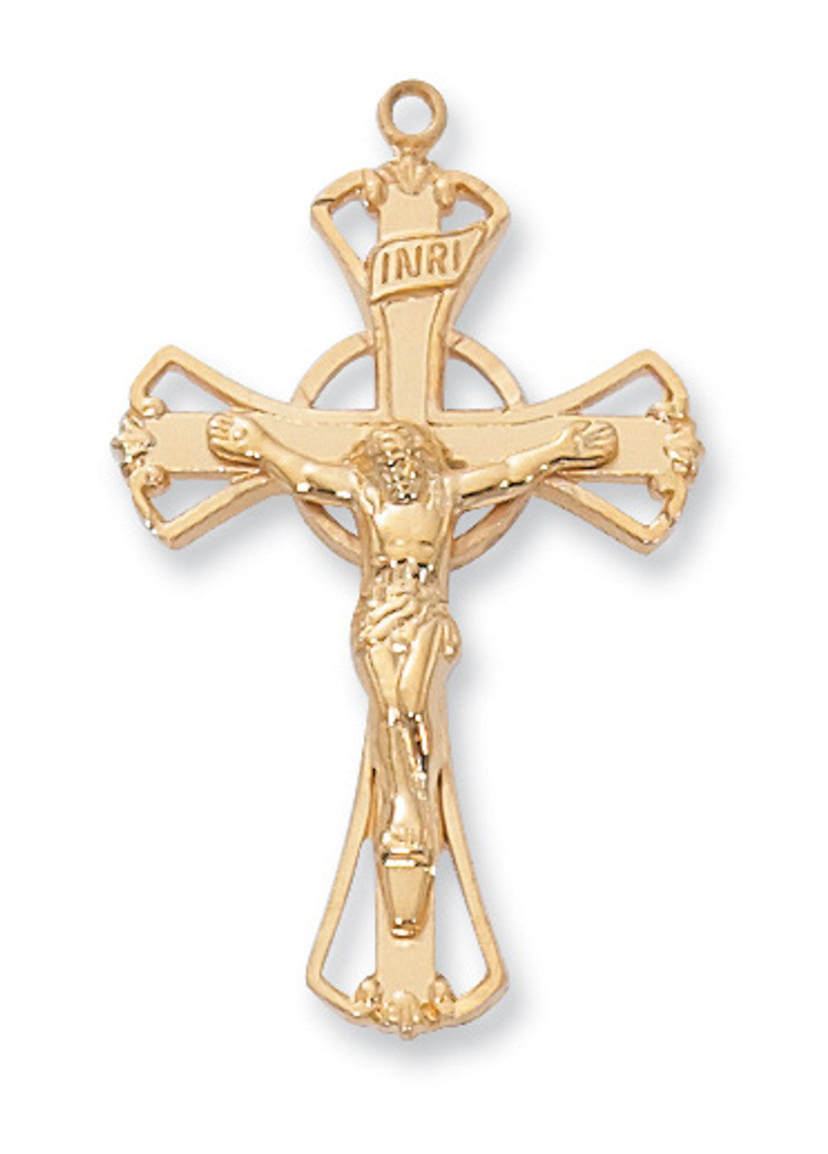 A gold over sterling silver crucifix pendant on a gold-tone brass chain.
