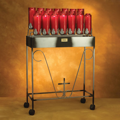 A metal rolling candle stand with red pillar candles arranged on top, photographed against a warm brown studio backdrop.