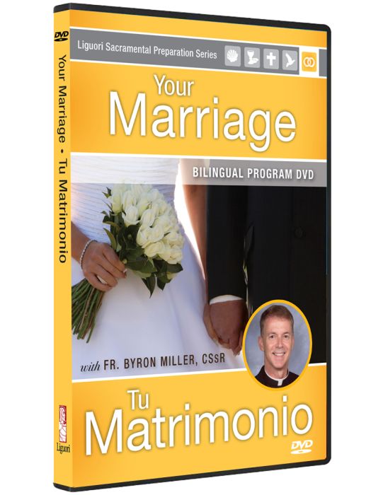 DVD cover for 'Your Marriage' bilingual program featuring a couple and Fr. Byron Miller.
