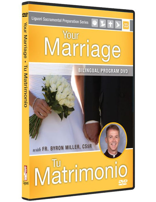 DVD cover for 'Your Marriage' bilingual program featuring a couple and Fr. Byron Miller.