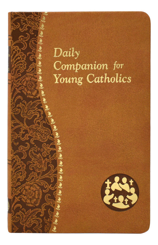 Brown book titled 'Daily Companion for Young Catholics' with decorative elements on a white background