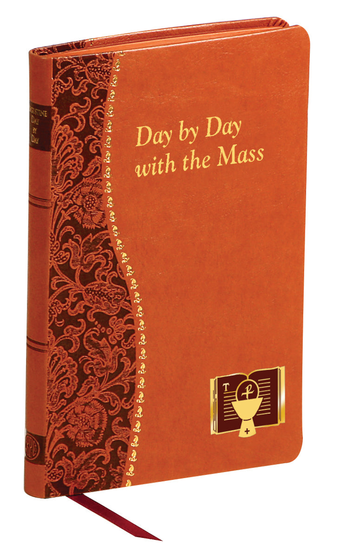 A brown book titled 'Day by Day with the Mass', featuring decorative patterns and a gold emblem on the cover.