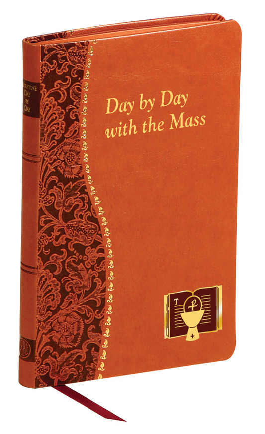 A brown book titled 'Day by Day with the Mass', featuring decorative patterns and a gold emblem on the cover.