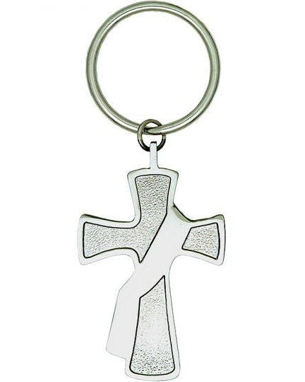 Silver cross keychain on a white background