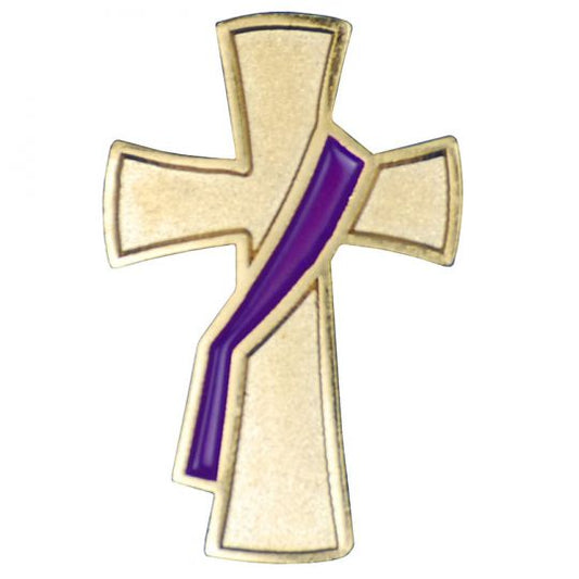 Gold cross with a purple stripe on a white background