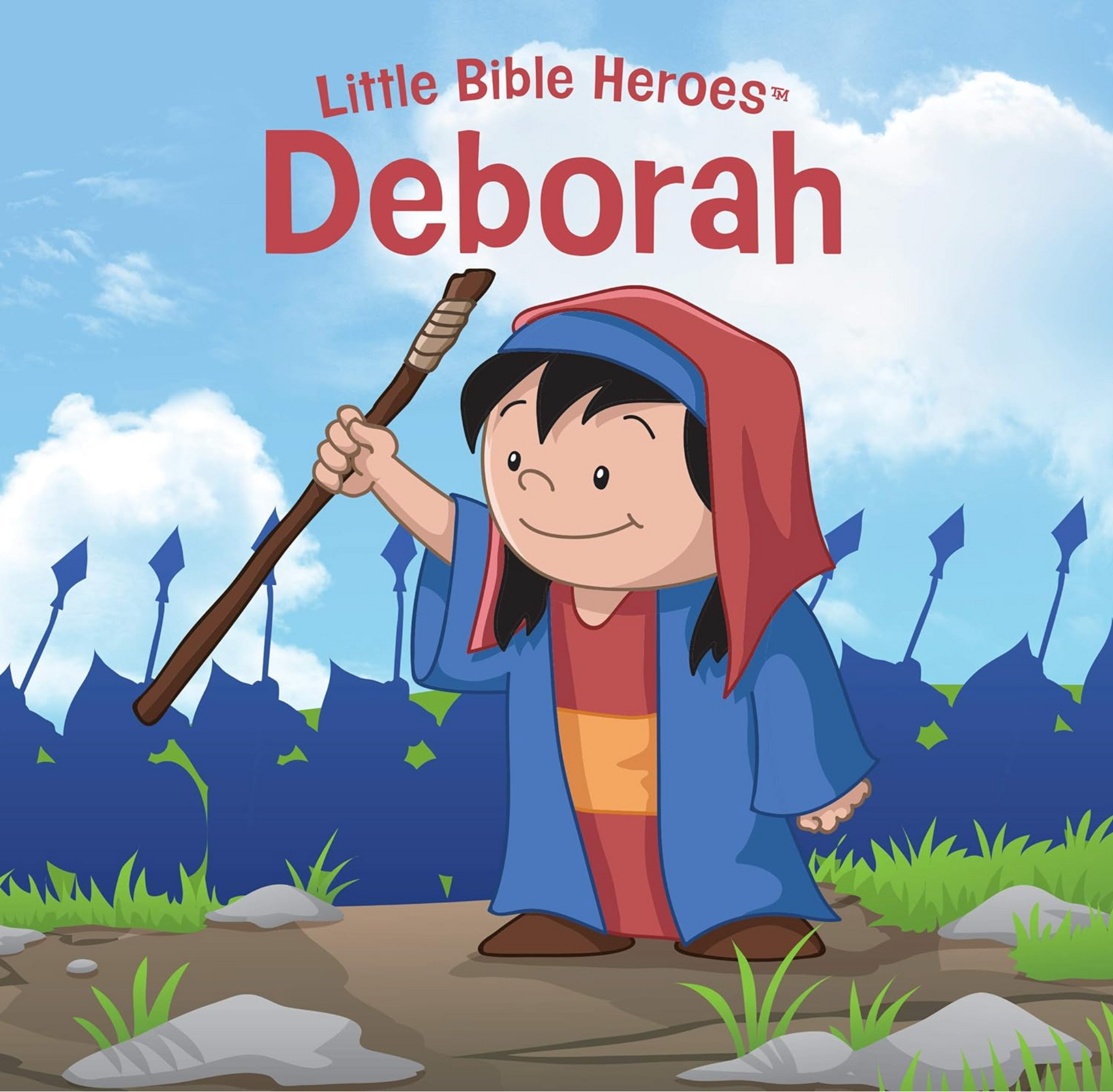 Book cover of 'Little Bible Heroes: Deborah' with a cartoon character holding a spear against a battle scene background.