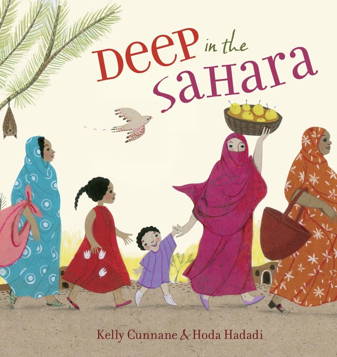 Book cover of 'Deep in the Sahara' with illustrations of women and children in colorful clothing.