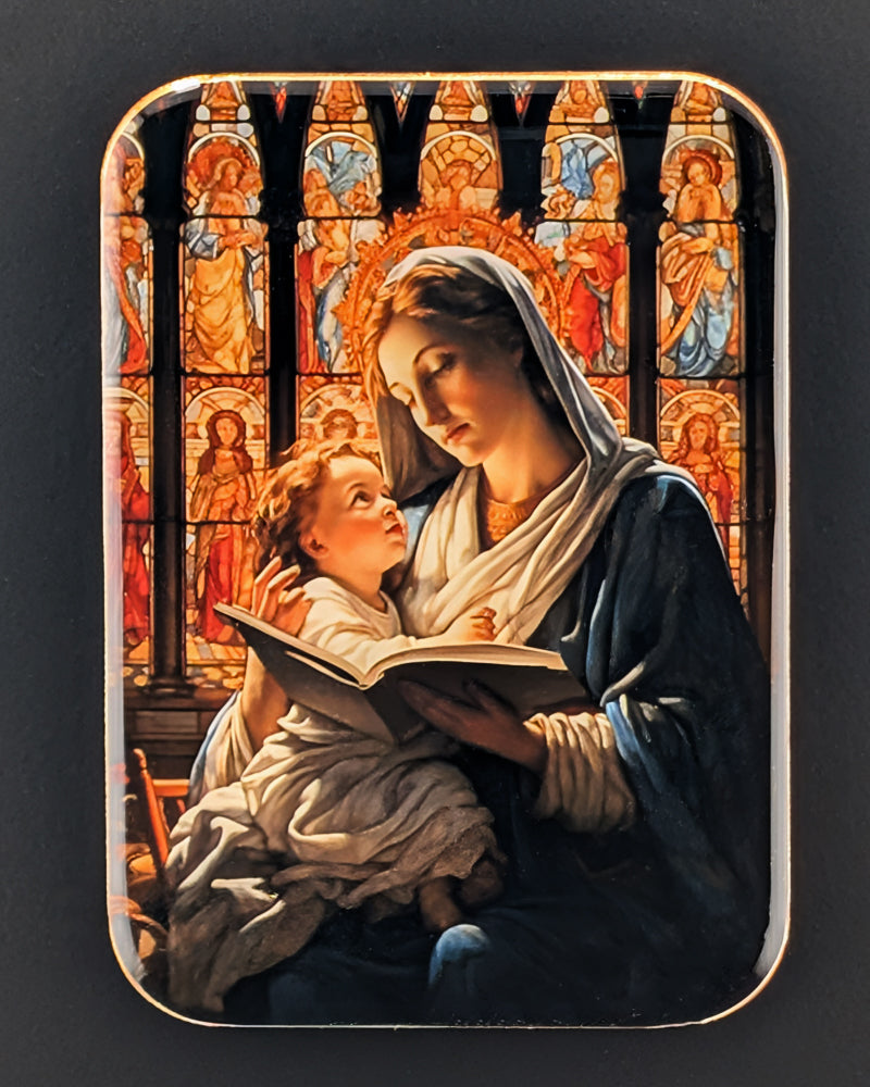 Painting of a woman holding a child with stained glass window in the background