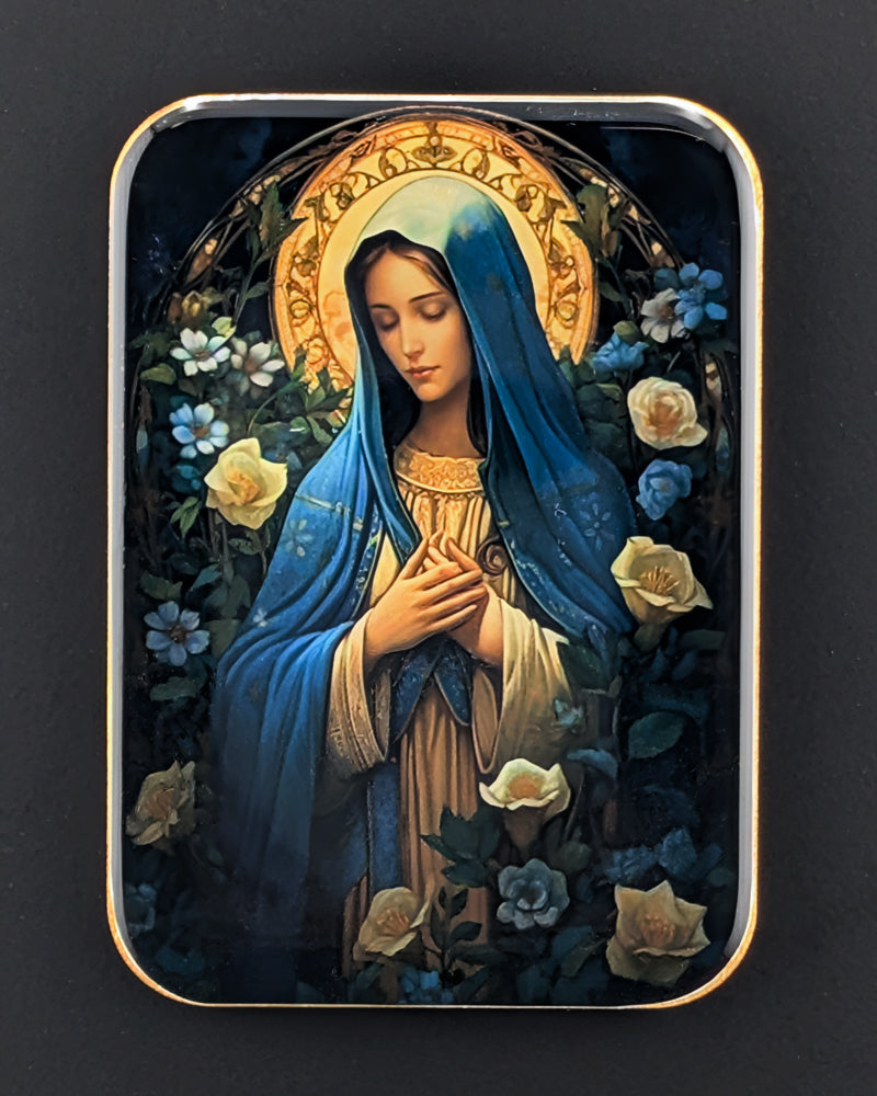 Artistic depiction of a figure in a blue robe surrounded by flowers on a dark background