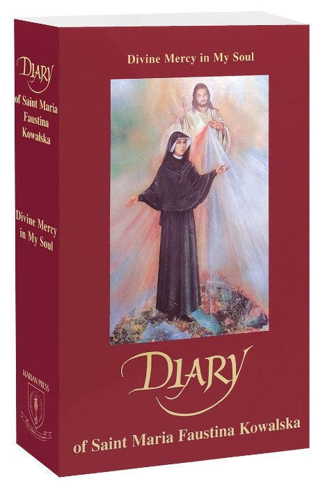 Cover of the book 'Diary of Saint Maria Faustina Kowalska' featuring an illustration of the saint in her nun's habit, alongside an image of Jesus, with the title and author's name.