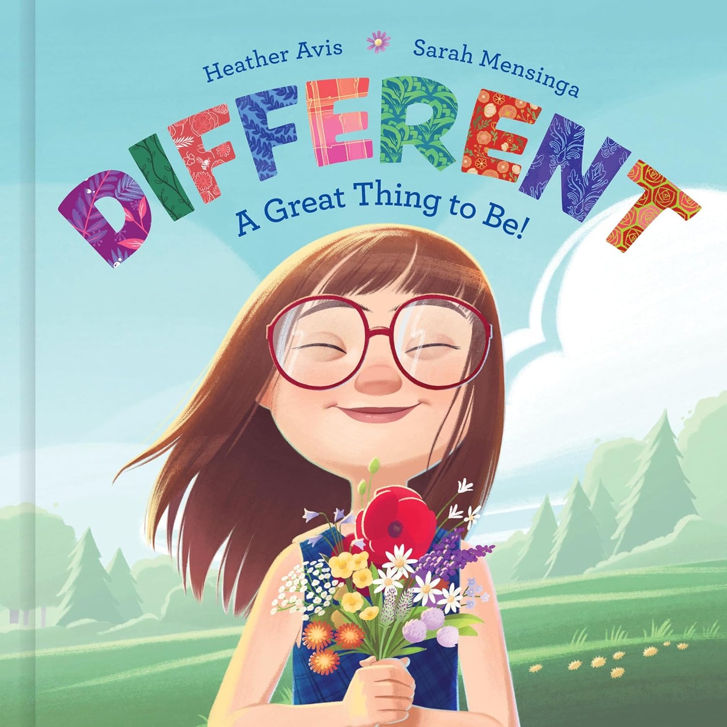 Book cover with a girl holding flowers and the title 'DIFFERENT: A Great Thing to Be!' against a blue sky.