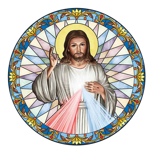 A decal featuring an image of Divine Mercy in a stained glass style on a white background.